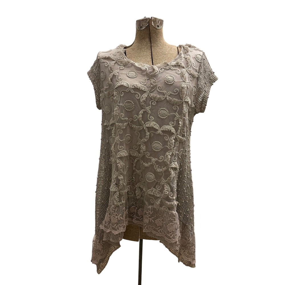 Tunic Mesh Avant Garde Tempo Paris Womens L Beige Embroidered Crochet Lace Top